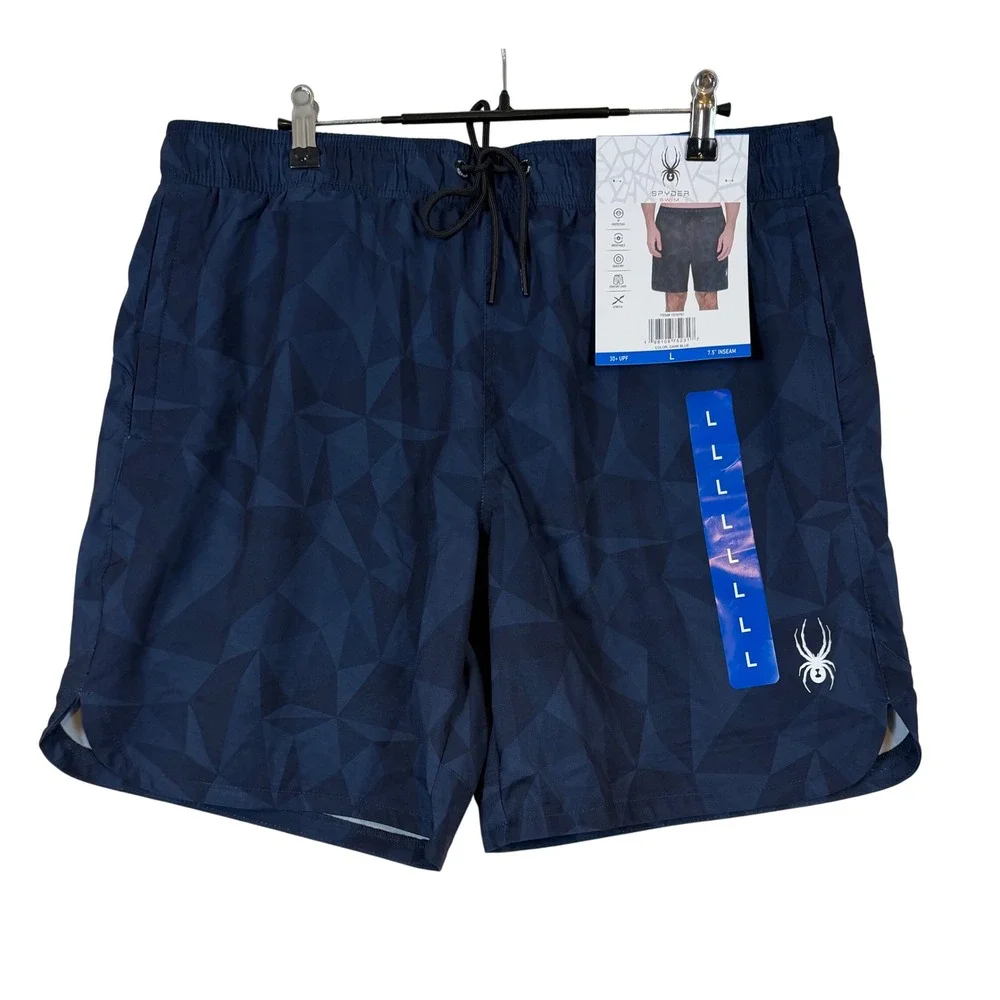 NWT Spyder Men Swim Trunks Dark Blue Geometric •L• Boardshorts Summer SPF Water